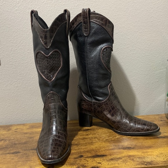Brighton Toby Black and Brown Croc Print Mid High Boots Size 8 - Picture 1 of 8